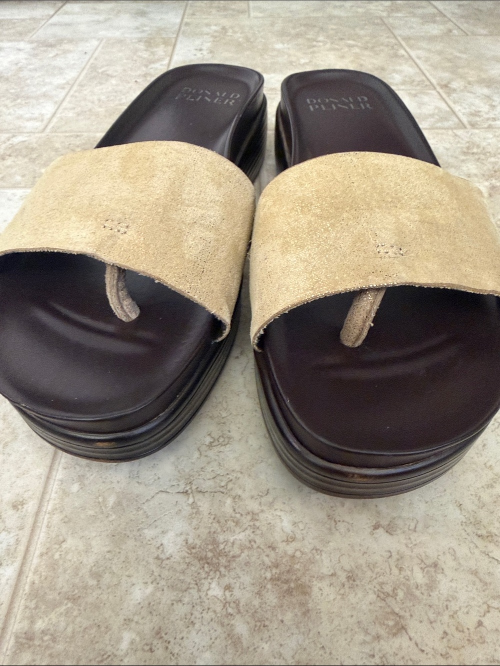 Donald J. Pliner Tan Suede Slide Sandals with Brown Footbed - Picture 2 of 9